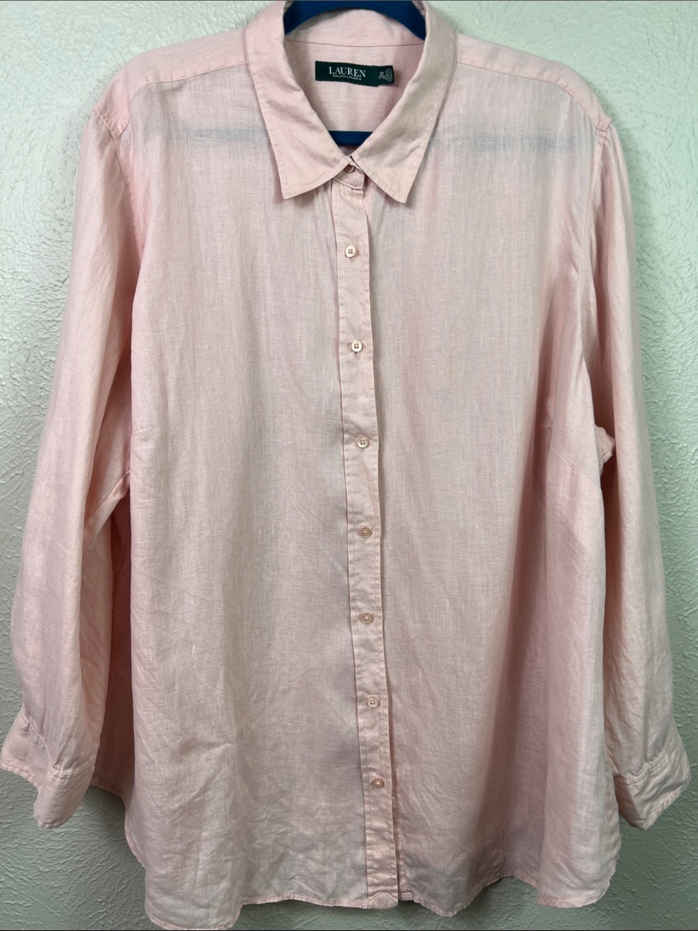 Lauren Ralph Lauren Blush Light Pink Linen Long Tab Sleeve Blouse Shirt 3X